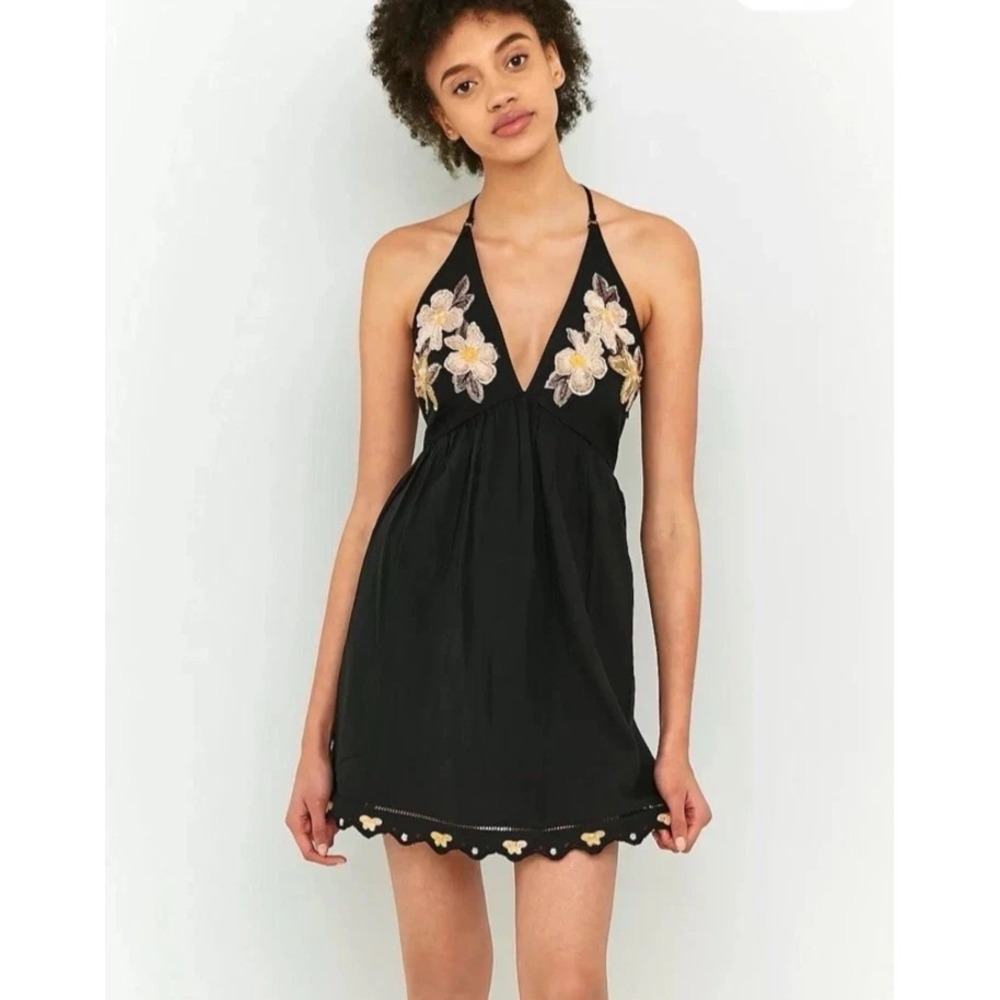 Sz XS Free People Love and Flowers Dress‎ Halter Tank Embroidered Black Pockets